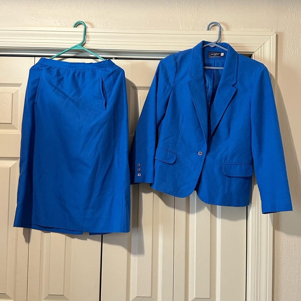 Haberdashery Collection by Personal Petites blue linen skirt suit